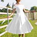 YMDUCH Women's Elegant Off Shoulder Short Sleeve A line Flowy Swing Cocktail Party Long Dress (White)