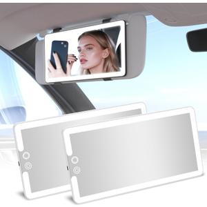 2PCS Car Visor Vanity Mirror with Lights, Rechargeable Dimmable Touch LED Sun Visor Mirrors, Large Detachable Vanity Makeup Mirror with 3 Color Modes for Truck SUV Car Accessories for Women(White)
