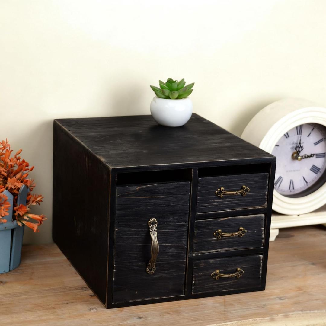 Rustic Beauty Organizer 4 Drawers - Wooden Cosmetic Storage Box for Neat & Home Office Desk &Organize &Storing of Makeup Tools,Bathroom Counter-top(Black, L)