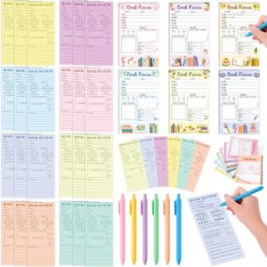 L1rabe Back to School Book Review Set - 24 Coloful Book Review Bookmarks 6 Mini Sticky Notes 6 Notepads 6 Pens for Student Lover Reader Bookworm Bookish Gifts, Review Tracker Reading Log Page Marker, 3x3 inches