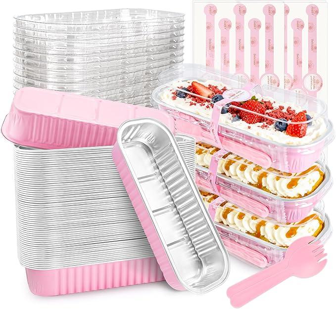 50 PACK Mini Cake Pans with Lids and Spoons,Rectangular Aluminum Foil Bread Pan,Mini Loaf Pans and Food Containers with Lids(Pink,6.8oz)
