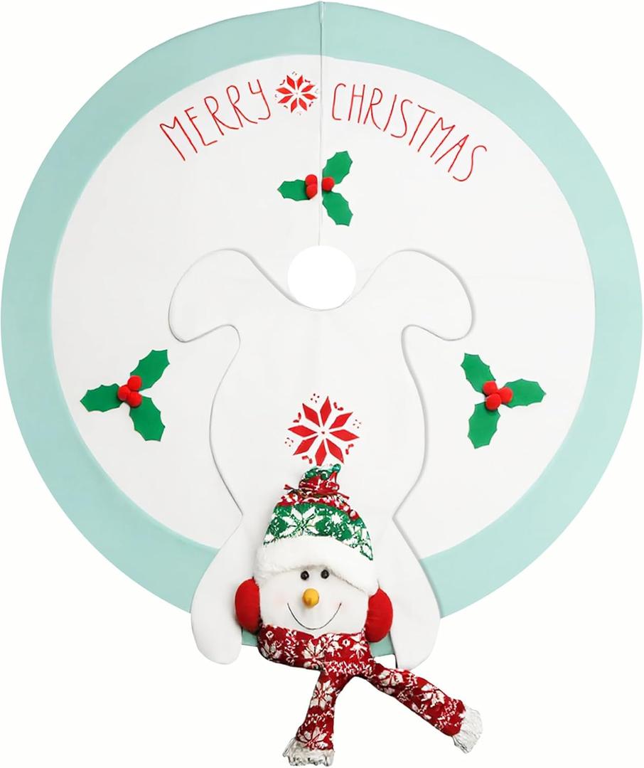 48in Christmas Tree Mat for Under Tree,Blue and White Christmas Tree Skirt for 7.5FT Tree,Rustic 3D Snowman Xmas Tree Mat Decorations Winter New Year Holiday Party Decor Indoor Outdoor