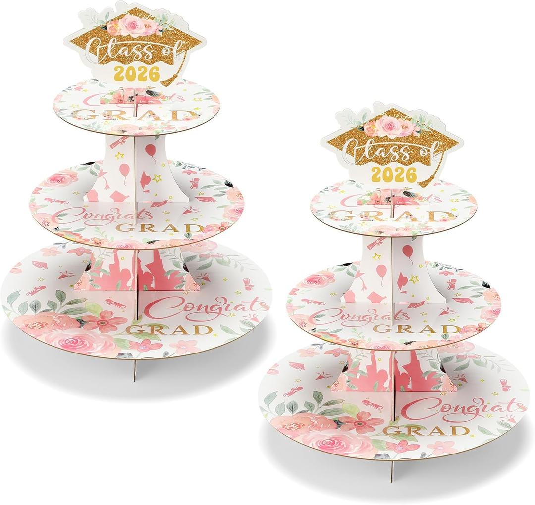Tioncy 2 Set 3 Tier Floral Graduation Cupcake Stand for 24 Cupcakes Pink Gold Graduation Cap Decorations Cardboard Cake Dessert Holder Tower for Class of 2026 Congrats Grad Party Supplies