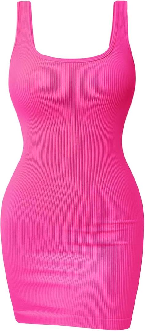 OLCHEE Womens Mini Tank Dresses Ribbed Sleeveless Square Neck Bodycon Sundress Summer Casual Sexy Party Club Cocktail 2023 (Pink, S)