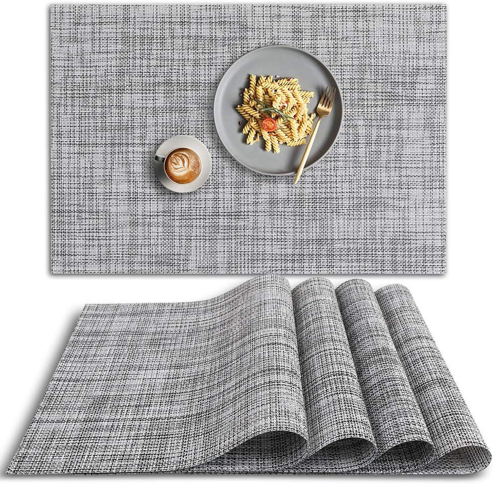 homEdge PVC Placemat, 4 PCS of Non-Slip Heat Resistant Place Mats, Washable Vinyl Placemats, Set of 4  Gray