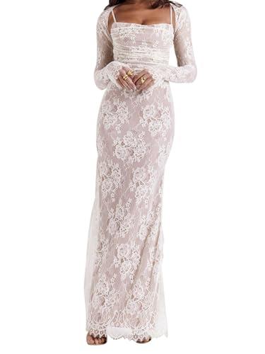 Women Vintage Cream Lace Maxi Dress Romantic Long Sleevees Lace Bodycon Dress White S