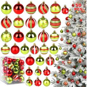 Christmas Ornaments Set, 50ct Green Red and White Ball Ornaments for Christmas Tree Decorations Shatterproof Plastic Hanging Baubles Decoration for Thanksgiving Xmas Holiday Home Party Decor