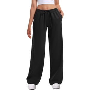 HeSaYep Women's Wide Leg Sweatpants Straight Leg Lowrise Sweat Pants Drawstring Elastic Low Waist Pants with Pockets (Black, S)