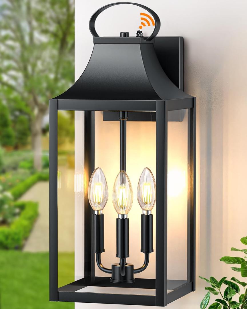 20" Extra Large Dusk to Dawn Outdoor Wall Light, Black Exterior Lighting Fixtures with 3-Light, Waterproof Wall Mount Porch Lantern, Modern Outside Wall Sconce Garage Coach Light, E12, 1 Pack