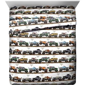 Jay Franco Kids Sheet Set with Fitted, Flat Sheets & Pillow Cover - Ultra-Soft Bedding with Pillowcase for Room Decor, Multi - Monster Jam, 4 Piece Queen