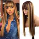 Blonde Highlight Wigs for Black Women, Blonde Mix Brown Wig with Bangs Silky Soft Fiber Synthetic Wig for Party Everyday Cosplay Use 24 Inch