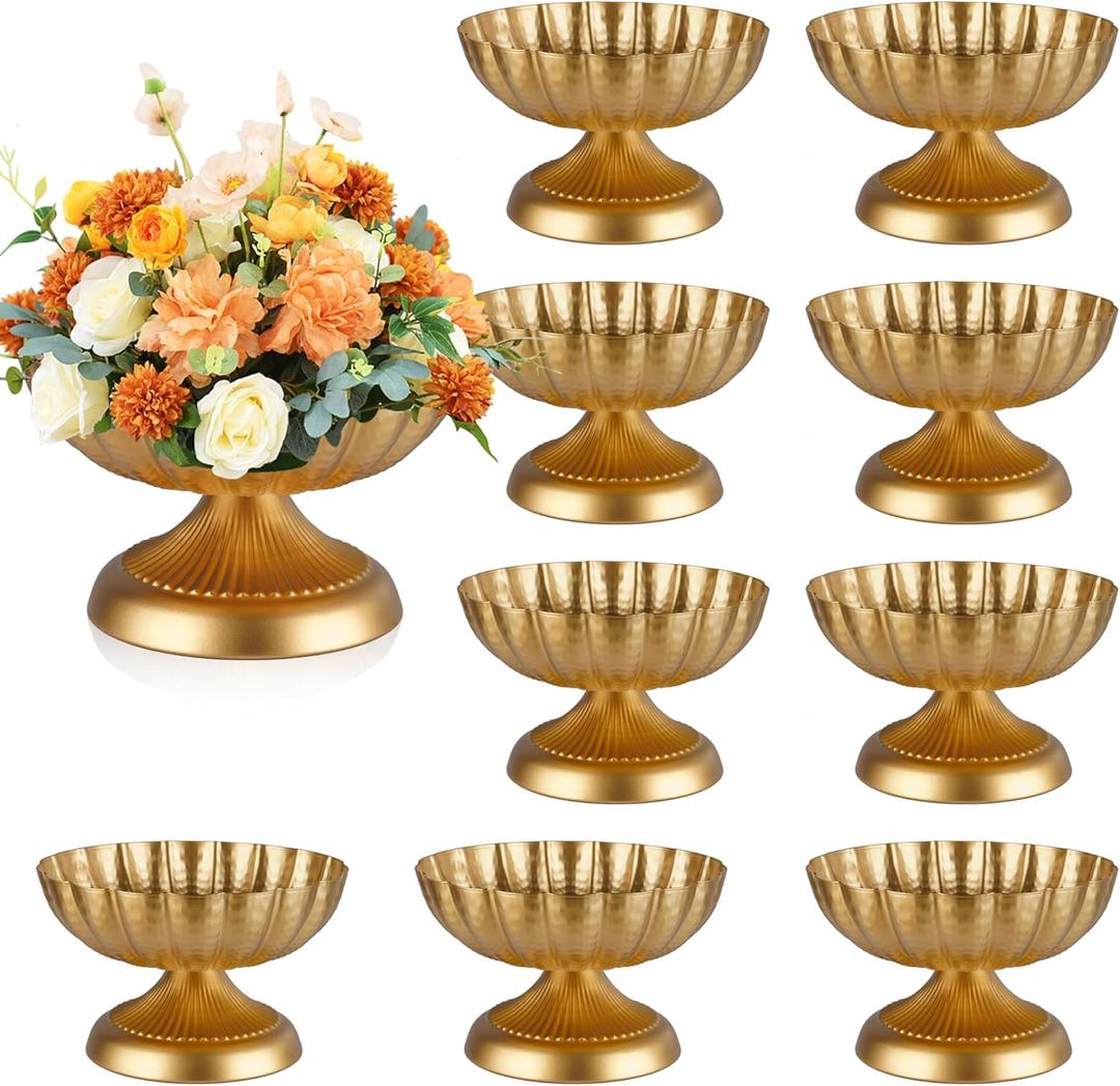 VIVIRENOIR 10 Pcs Compote Bowl Vases for Centerpieces Urn Vase, Metal Small Pedestal VaSe Gold Pot, Flower Arrangement for Wedding Anniversary Party Home Decor