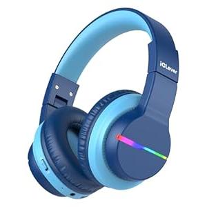 iClever BTH12 Kids Bluetooth Headphones,Colorful LED Lights Kids Headphones Wireless,74/85dBA Safe Volume,85H Playtime,Fast Charging,Bluetooth 5.2,Over Ear,Built-in Mic for iPad/Tablet/Airplane,Blue
