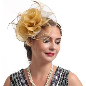 Women Fascinators Organza Fascinators 20S Party Hat Wedding Tea Party Fascinator Pillbox Hat with Headband Hairclip (One Size, Gold)