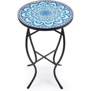 VONLUCE Mosaic Side Table and Plant Stand, 21" Round End Table with 14" Ceramic Tile Top, Indoor & Outdoor Accent Table, Porch Patio Furniture, Entryway & Coffee Table for Home & Garden, Blue Mandala
