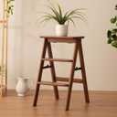 Step Ladder 3 Tier Folding- Anti Slip Step Stool Foldable, Multi 3-in-1 Bamboo Step Ladder Lightweight Portable, Wooden Step Stool Saving Space for Kitchen and Office(Brown, Capacity 250lbs)