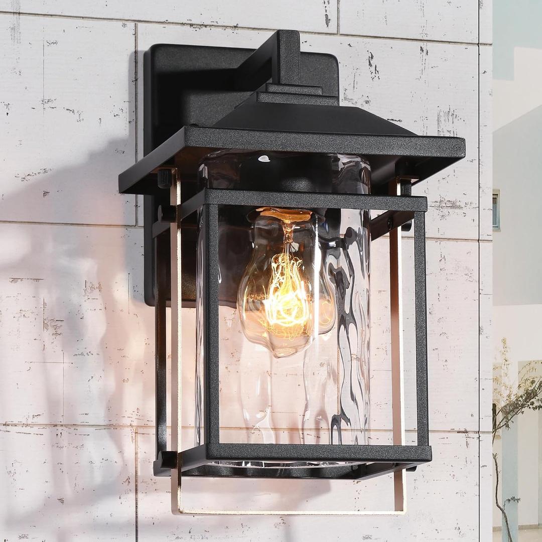 classy leaves Outdoor Wall Lights, Exterior Wall Sconces Light Fixtures with Textured Glass, Black Gold Water and Anti-Rust Rectangle Porch Light for House, Front Door, Patio, Garage