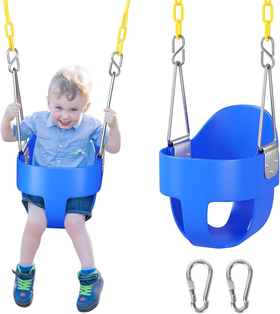 DECORLIFE Toddler Swing Seat, Outdoor Baby Swing with Coated Chains, Heavy Duty High Back Full Bucket Swing Chair with Ant-Loosening Carabiners, Fully Assembled Swingset Accessories for Backyard, Blue