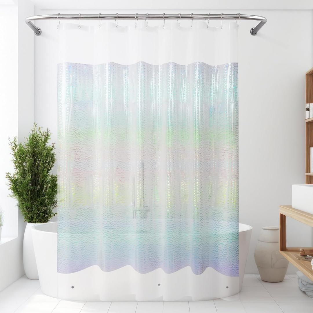 Mrs Awesome Holographic Shower Curtain Liner with 3 Magnets for Bathroom, Waterproof Clear Water Cube Plastic Iridescent Shower Curtain Sparkly, Glitter PEVA Liner 72 x 72 inches