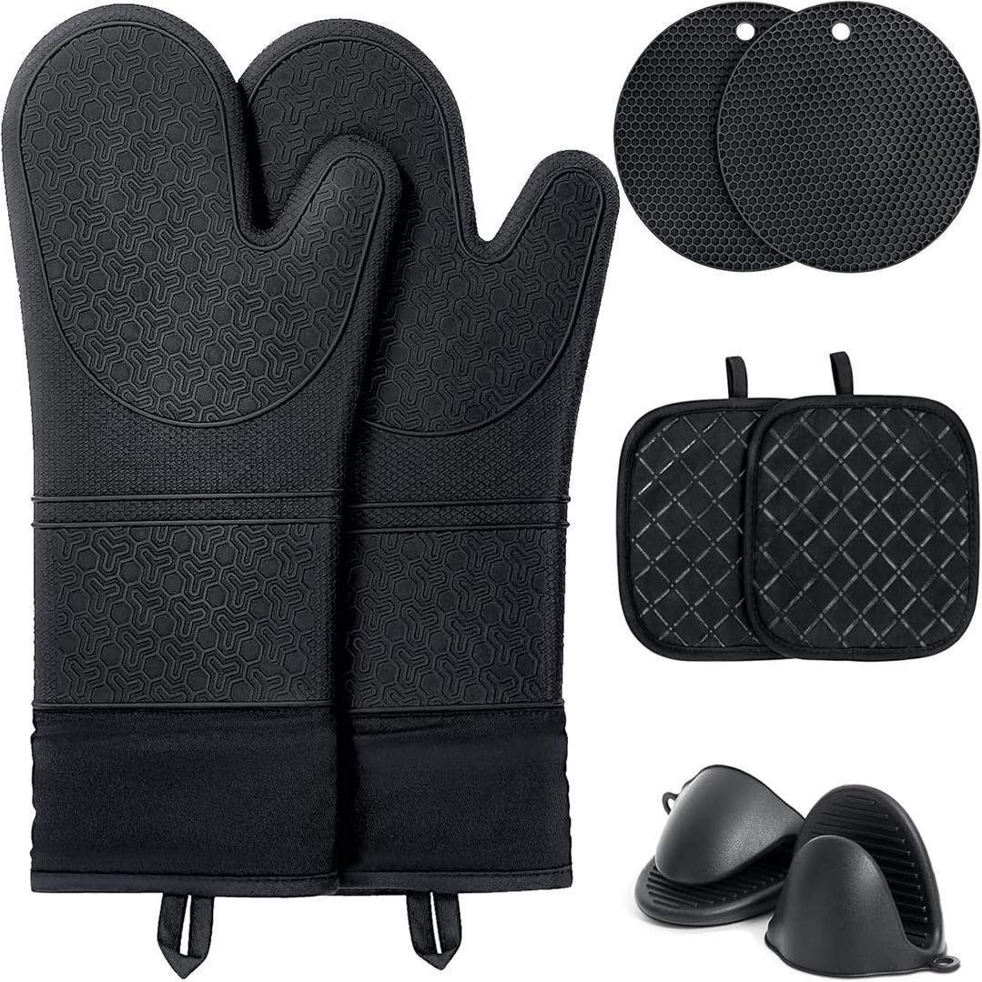 8PCS Oven Mitts and Pot Holders Sets - 480°F Heat Resistant Pot Holders and Oven Mitts, 14.5" Extra Long Silicone Oven Mitts for Cooking, Non-Slip Oven Mitt with Soft Cotton Lining, Black
