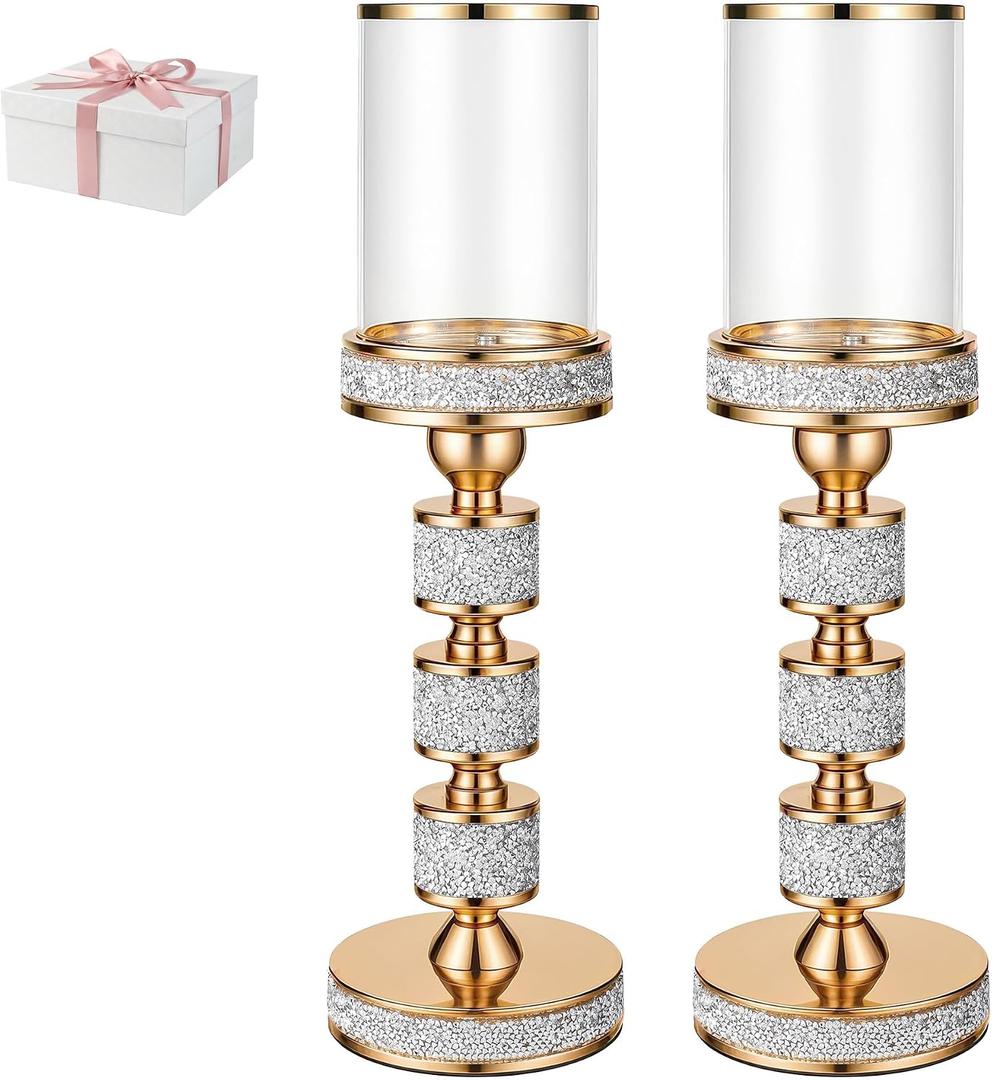 15.9" Tall Pillar Candle Holder with Wind Proof, Metal Hurricane Holders, Crystal Candle Holders for Table Centerpieces, Home Decor, Wedding, Dining Table (2, Gold, for Pillar Candles up to 3"x5")