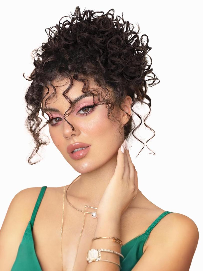 ALXNAN Messy Hair Bun Hair Piece for Women Elastic Drawstring Loose Wave Curly Buns Short Dark Brown Synthetic Ponytail Extension Hair Bun Extensions Thick Updo Hairpieces for Women Daily Use. (8 Inch)