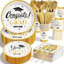 Graduation Decoration Class of 2026, 350PCS Graduation Party Supplies Disposable Dinnerware(Serve 50) with Paper Plates Cup Napkin Fork Knife Spoon College High School Grad Decor(White & Gold)
