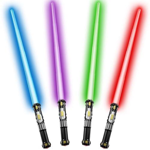 Cawiew 4 Pack Light up Sword Saber with FX Sound (on-Off Control) and Full Retractable Handle, 4 Colors LED Glow in The Dark Toy for Kids Adult