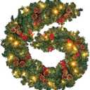 Christmas Garland with Lights, 9FT Christmas Garland for Mantle, Prelit Outdoor Garlands with Red Berries and Pine Cores for Ourdoor Indoor Mantle Table Stairs Fireplace Home Christmas Decor (Green)