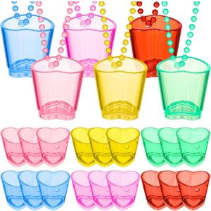 Sieral 12 Set Rainbow Shot Glass on Beaded Necklace Bachelorette Heart Shaped Shot Glasses Cute Plastic Cups Necklace Beaded Set for Birthday Wedding Theme Festival Party Favors Supplies Decorations