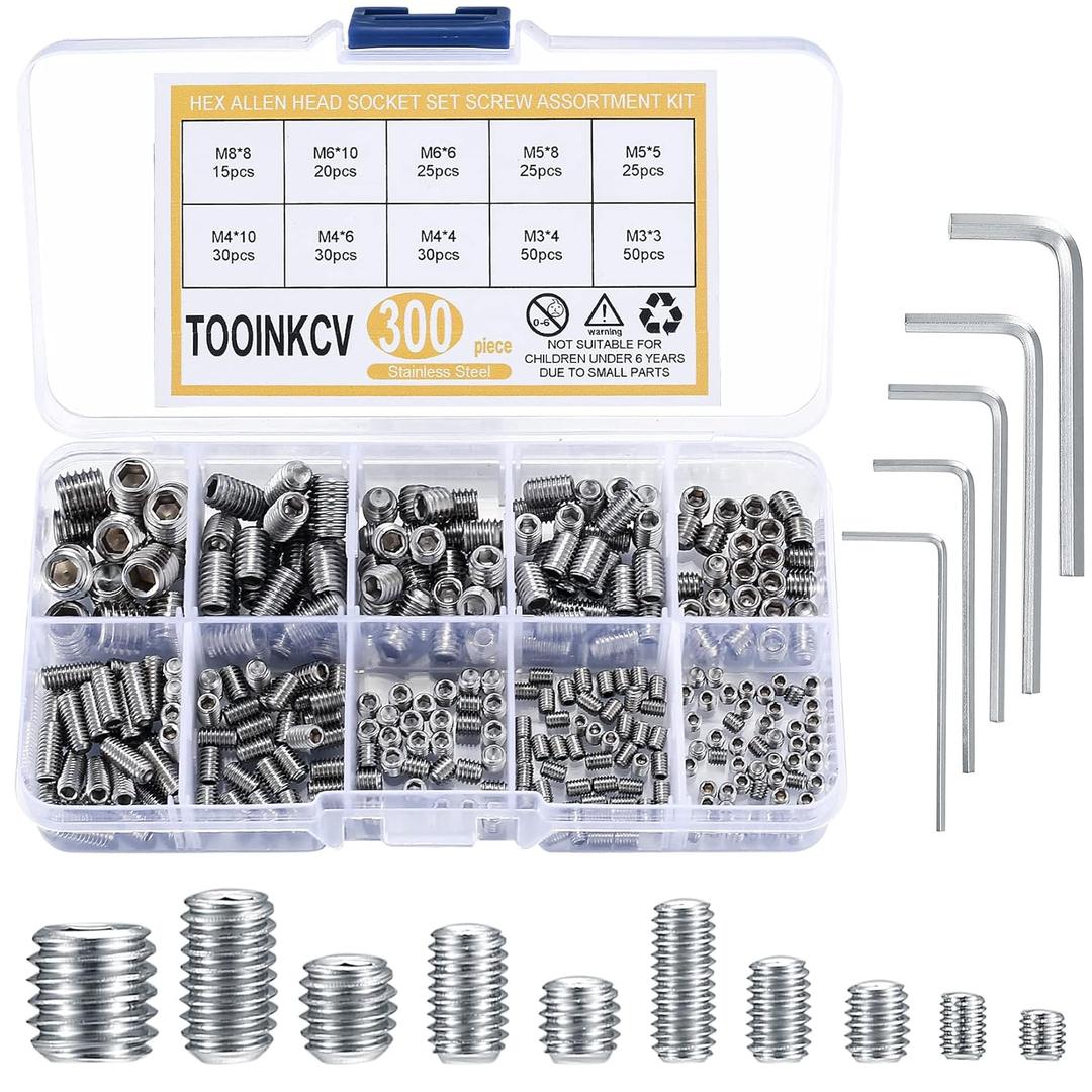 300 Pcs Stainless Steel Socket Head Screws Assortment Kit, Allen Head Socket Hex Head Screws, Metric M3 M4 M5 M6 M8 Grub Screws Set for Door Handles, Light Fixture