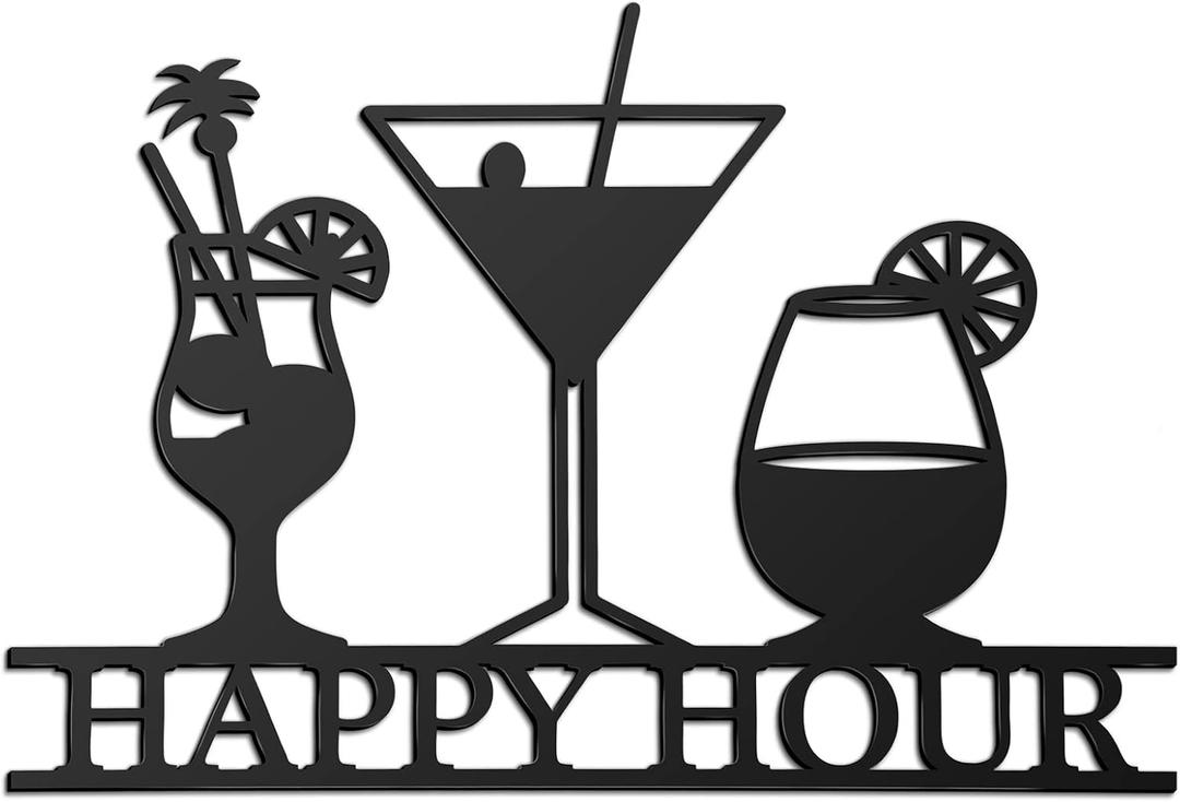 Funrous Bar Signs Wall Decor Happy Hour Sign Art Metal Bar Decorations Vintage Drinks Decorative Drink Plaques for Home Open Pub Decor(Black)