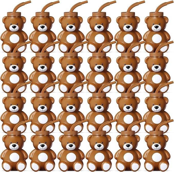 Maxdot 24 Pcs Bear Cups with Straws, 10 oz Plastic Bear Shape Cup Reusable Creative Cups Bulk for Baby Shower Birthday Party Favor Gift