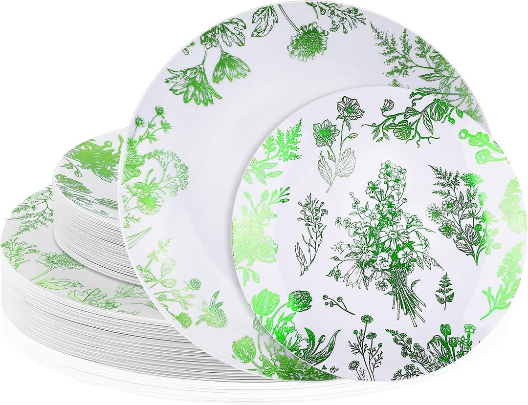 Kochorie 36 Pieces White & Green Floral Disposable Plastic Plates, 10.25" and 7.5" Dinner and Dessert Plates Serving Dish Tray Heavy Duty Party Tableware Supplies for Weddings Birthdays