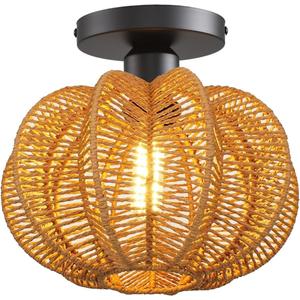 Hand-Woven Rattan Flush Mount Ceiling Light,Farmhouse Light Fixtures Ceiling Mount Boho for Hallway Bedroom Kitchen Entryway Living Room
