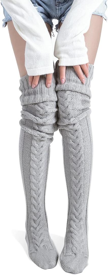 Pcavin Women's Thigh High Socks Over the Knee Cable Knit Boot Socks, Long Warm Fashion Leg Warmers Winter (One Size, 1pcs-gray)