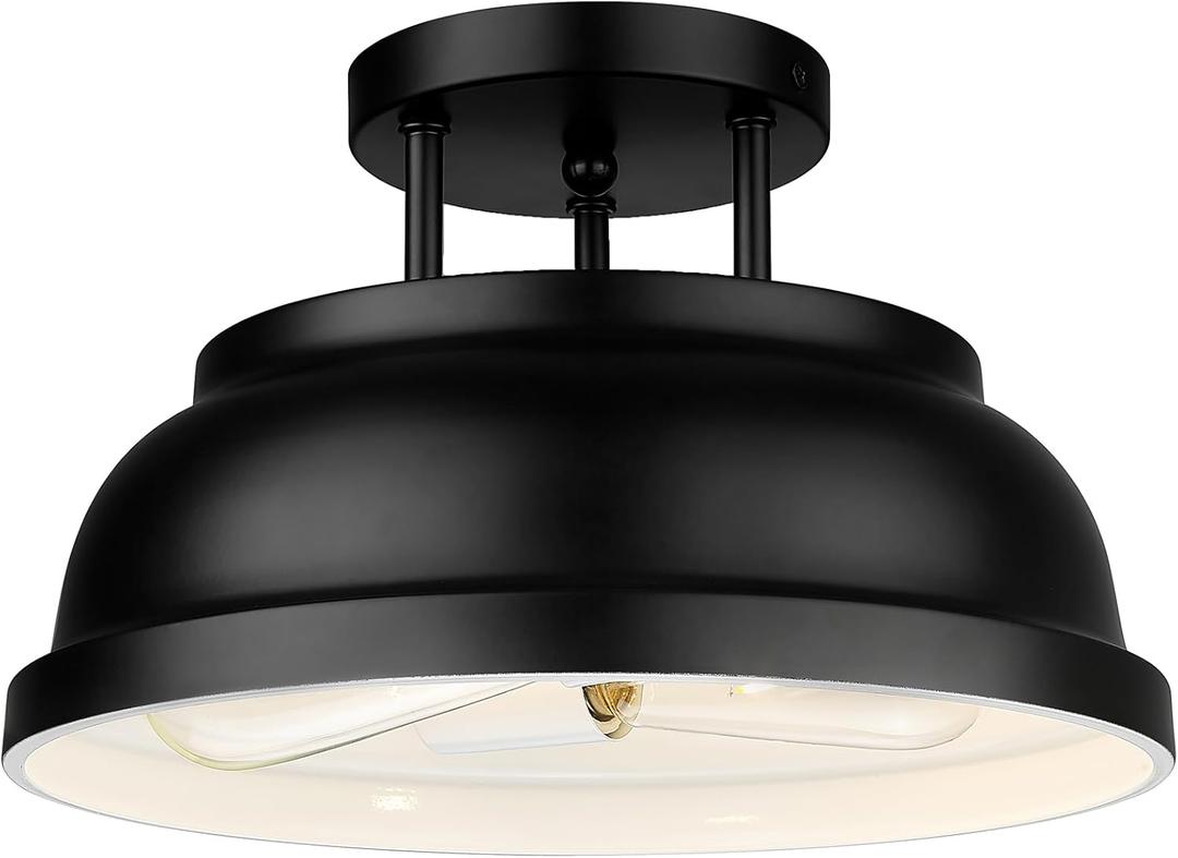 Zeyu 12'' Industrial Semi Flush Ceiling Light, 2-Light Flush Mount Ceiling Lamp for Bedroom Dining Room, Metal Dome Shade in Black Finish, ZY29-F BK