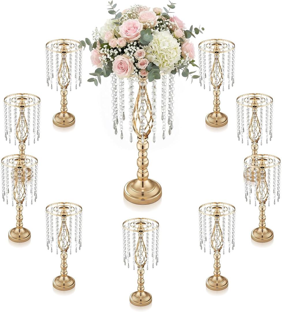 10 Pcs 21.5 Tall Gold Centerpieces for Table, Open Lattice Midsection Trumpet Base Vase Stands with Hanging Crystals, Metal Flower Holders for Wedding Receptions,Parties & Event Decor