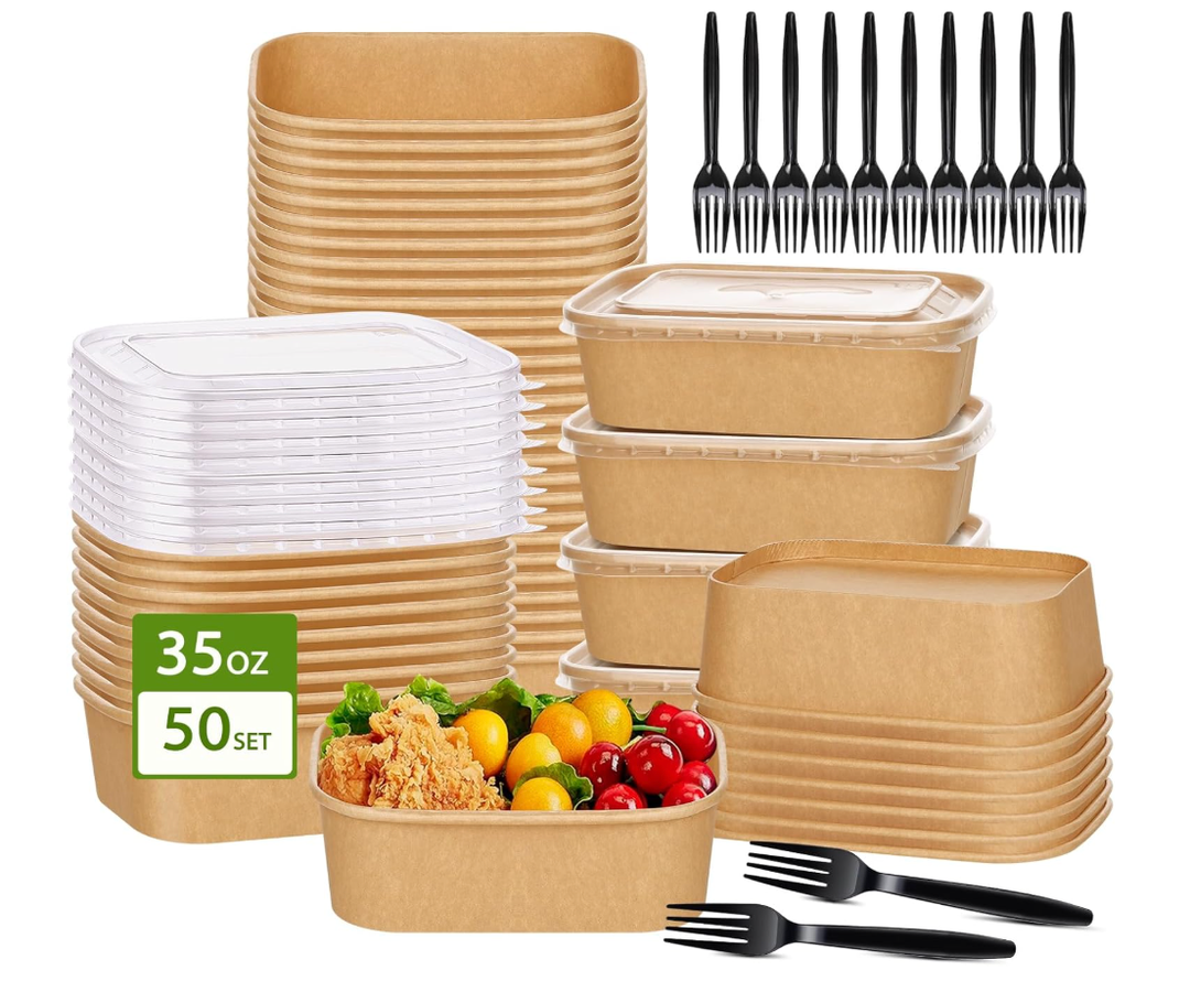 50-Pack 35oz Disposable Kraft Paper Bowls【with Lids and Forks】,Meal Prep Containers Disposable Togo Food Deli Containers for Restaurant Supplies Take Out Containers, Microwave Safe for Hot/Cold Food