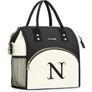 Personalized Lunch Bag for Women, Preppy Reusable Insulated Initials Lunch Box Gift for Friend Large Wide-Open Water Resistant Adult Cooler Tote Bag for Work, Travel, Picnic - Black N