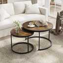 Smuxee Rustic Nesting Coffee Table Set of 2, 27.6" Round Coffee Table Wooden Marble Pattern with Adjustable Non-Slip Feet, Industrial End Table for Living Room Bedroom Balcony