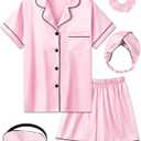 Kids Girl Pajama Set with Headband Blindfold Hair Tie Toddler Boy Girl Satin Silky Button-up Pajama Sleepwear (9-10 Years, Pink-short)