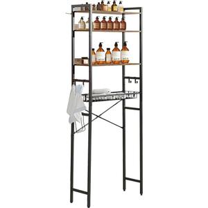 FurnitureR 4-Tier Over-The-Toilet Storage Shelf, Freestanding Bathroom Organizer with Adjustable Shelf & Basket, Space-Saving Rack Above Toilet, Rustic Brown