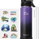 [2-IN-1 LID] Insulated Water Bottle with Silicone Boot (36hrs Cold/18hrs Hot) - DIY Stickers, Leakproof, BPA Free, 24 oz (Purple-Black)