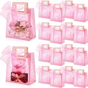 Shinylin 40 Pcs Valentines Day Clear Pink Gift Bags with Handles 7 x 4 x 8 Inch Transparent Reusable PVC Glitter Tote Bags for Valentine Bridal Party Baby Shower Wedding Birthday