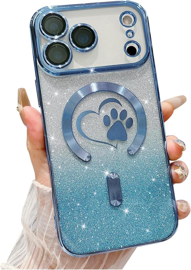 for iPhone 17 Pro Case, Glitter Clear Cute Paw Love Heart, Compatible with MagSafe, Strong Magnetic Full Camera Lens Protection Cover, Soft Slim Bling Phone Case 6.3" - Blue