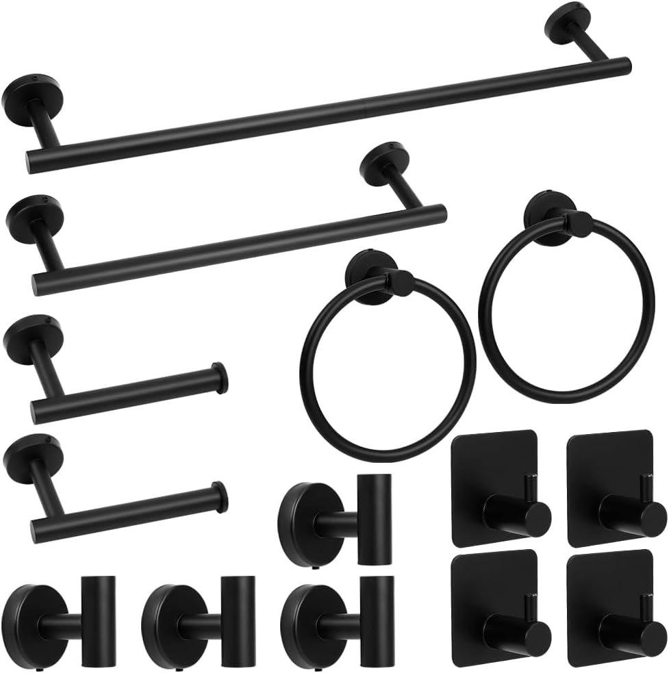 Matte Black Bathroom Towel Bar Set, 14-Piece Stainless Steel Hardware Bathroom Accessories, 16" and 24" Towel Racks for Bathroom Walls