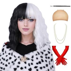 Black and White Wig For Costume Short Bob Curly Wig With Bangs Shoulder Length Heat Resistant Synthetic Wigs For Party Cosplay Halloween(Black and White)
