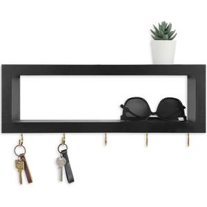 Wall Shelf with Hooks - Decorative Key and Wallet Holder for Wall Holds Sunglasses, Leashes, Scarves and Lanyards - 15.7" x 5.1" x 2.9" Entryway Organizer Made of Paulownia Wood (Black)