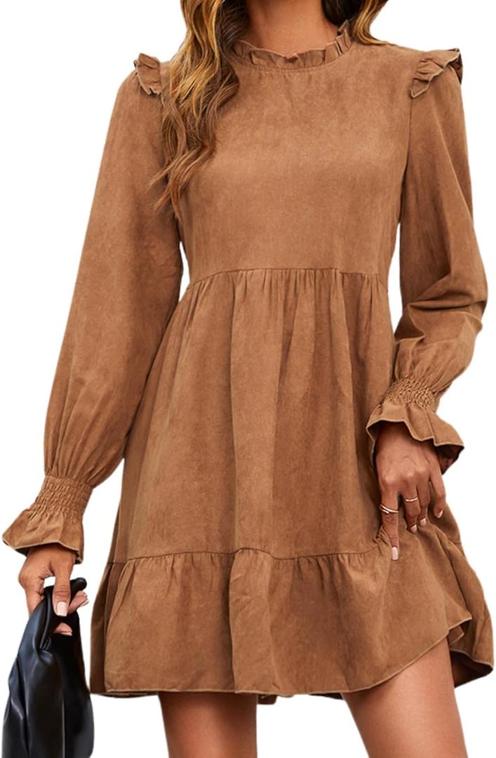 MakeMeChic Women's Ruffle Smock Dress Long Sleeve Mock Neck Shirred Frill Trim Short Dresses (Brown)